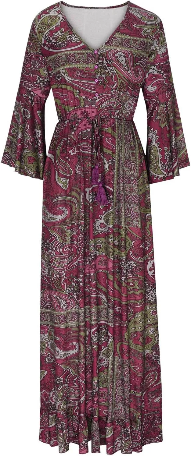 Womens 3/4 Sleeve Casual Boho A-Line Dress Frill Trim V Neck Maxi Dress Plus Size Fashion High Waist Beach Dresses