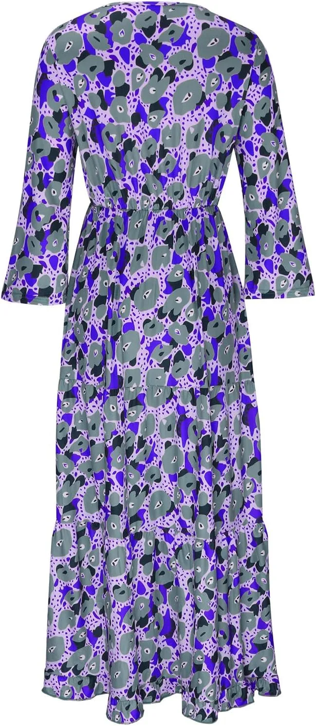 Womens 3/4 Sleeve Casual Boho A-Line Dress Frill Trim V Neck Maxi Dress Plus Size Fashion High Waist Beach Dresses