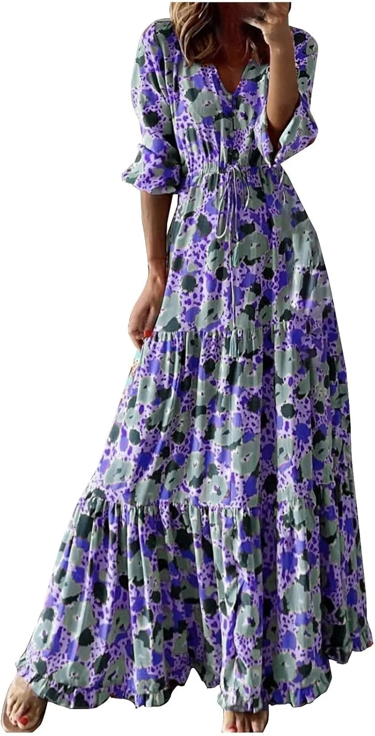 Womens 3/4 Sleeve Casual Boho A-Line Dress Frill Trim V Neck Maxi Dress Plus Size Fashion High Waist Beach Dresses