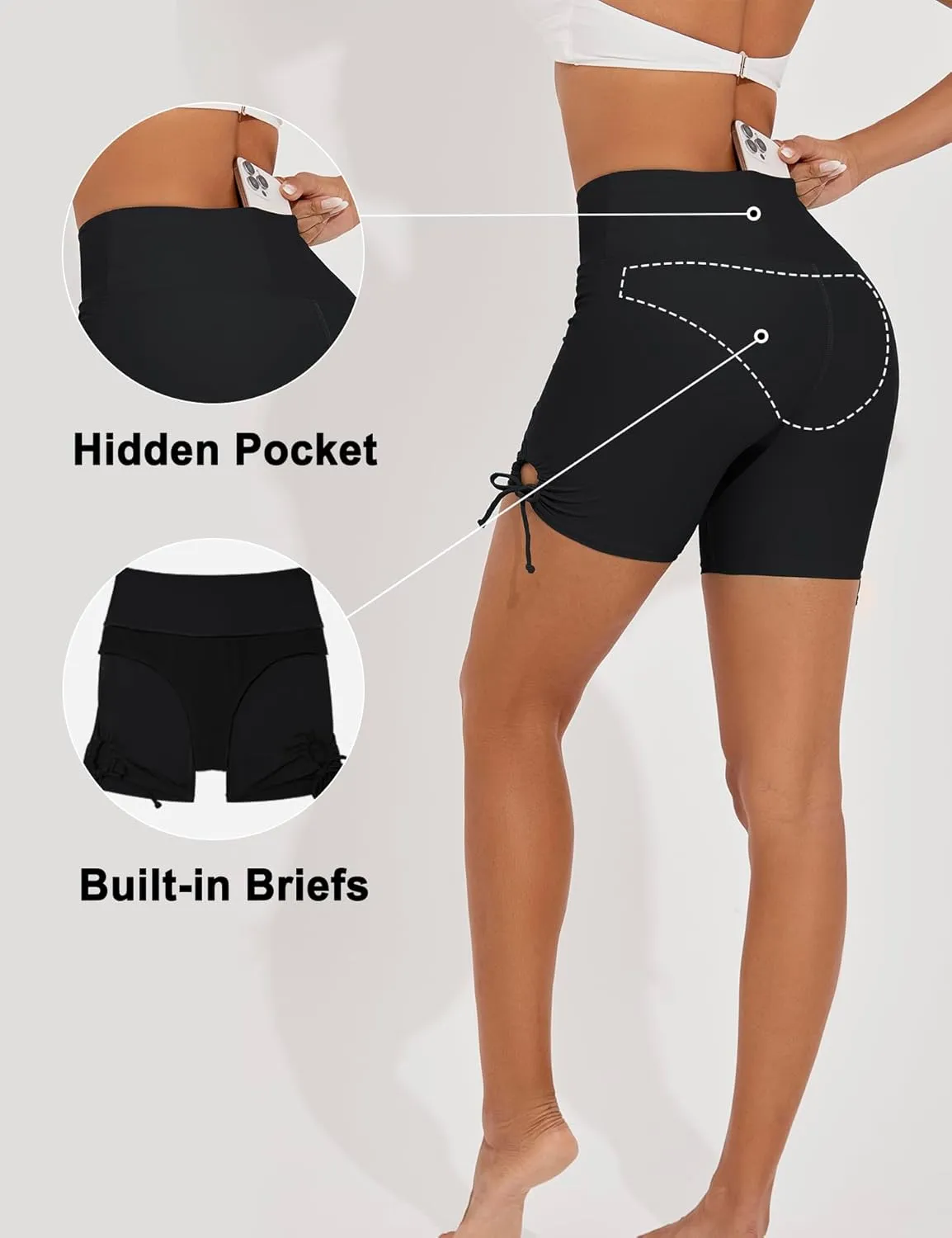 Women's 5" Swim Shorts High Waisted Swim Bottoms High Waist Bathing Suit Bottoms with Pockets Board Shorts Liner