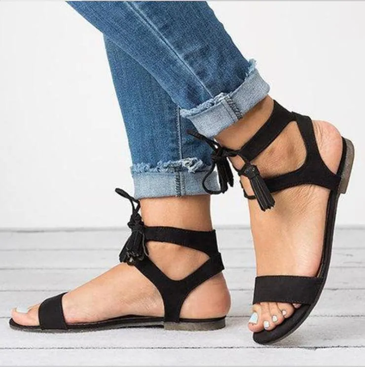 Women's ankle tie up flat peep toe sandals
