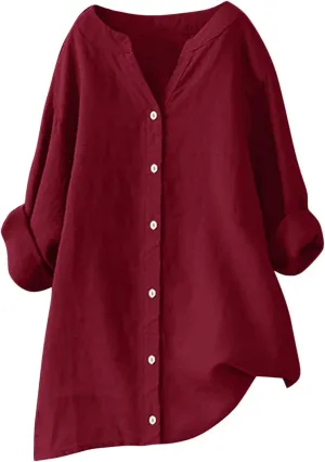 Womens Button Up Shirt Solid Short Sleeve Linen Summer Casual Basic Blouse Tops Loose Tee Shirt