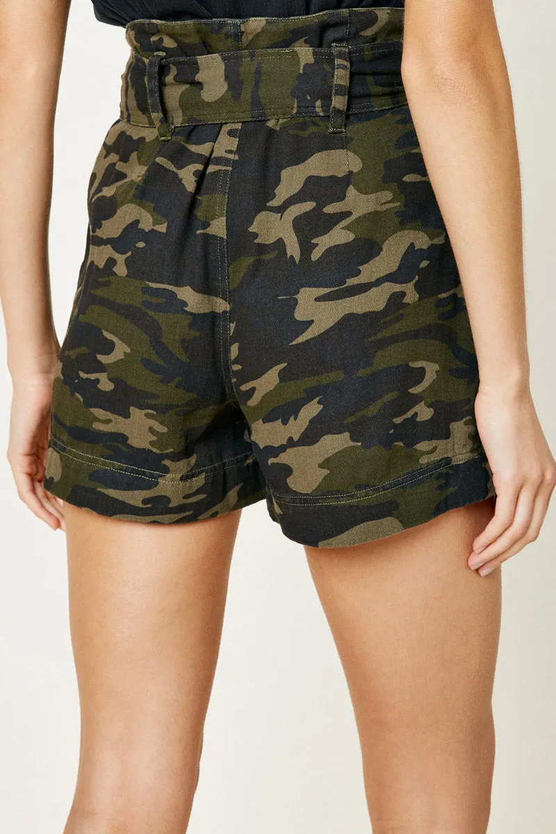 Womens Camo Belted Paperbag Shorts