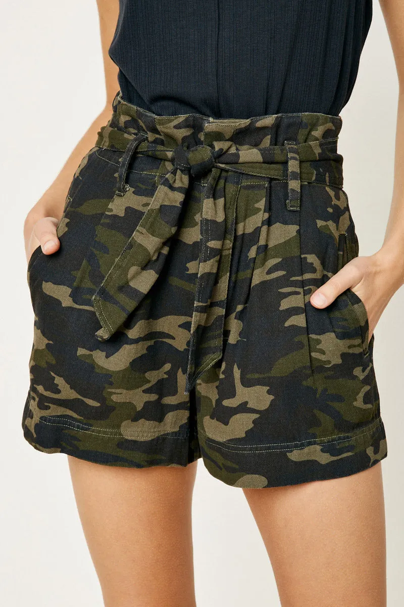 Womens Camo Belted Paperbag Shorts