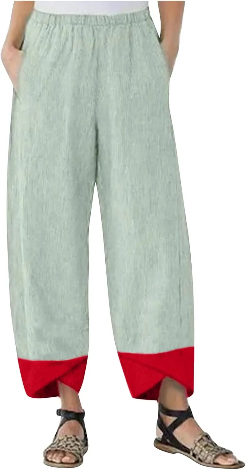 Womens Capri Pants for Summer Petite Length Linen Capris Cropped Pants Plus Size Drawstring Elastic High Waist Joggers
