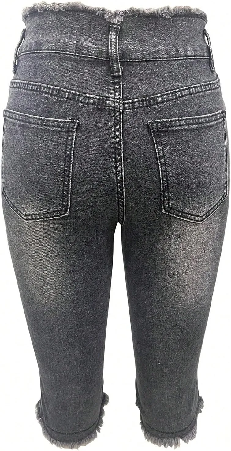 Womens Capris Jeans Low Rise Skinny Ripped Jeans Curvy Slim Fit Butt Lifting Distressed Cropped Denim Pants w/Pockets