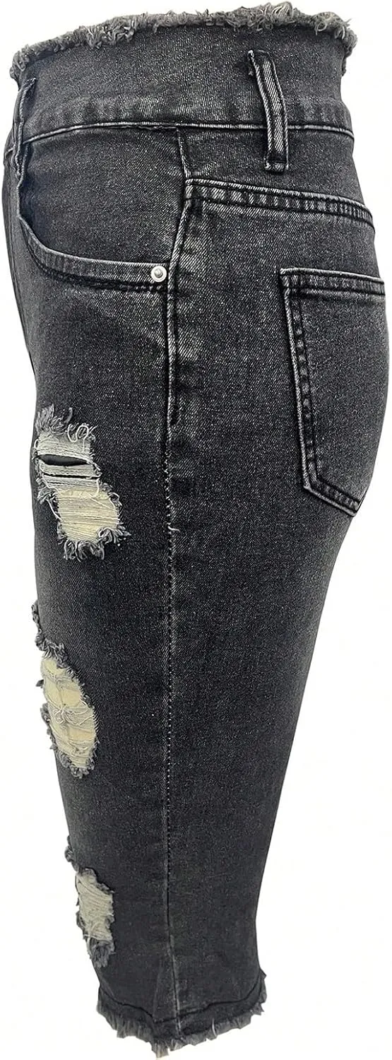 Womens Capris Jeans Low Rise Skinny Ripped Jeans Curvy Slim Fit Butt Lifting Distressed Cropped Denim Pants w/Pockets