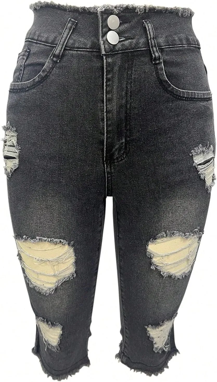 Womens Capris Jeans Low Rise Skinny Ripped Jeans Curvy Slim Fit Butt Lifting Distressed Cropped Denim Pants w/Pockets