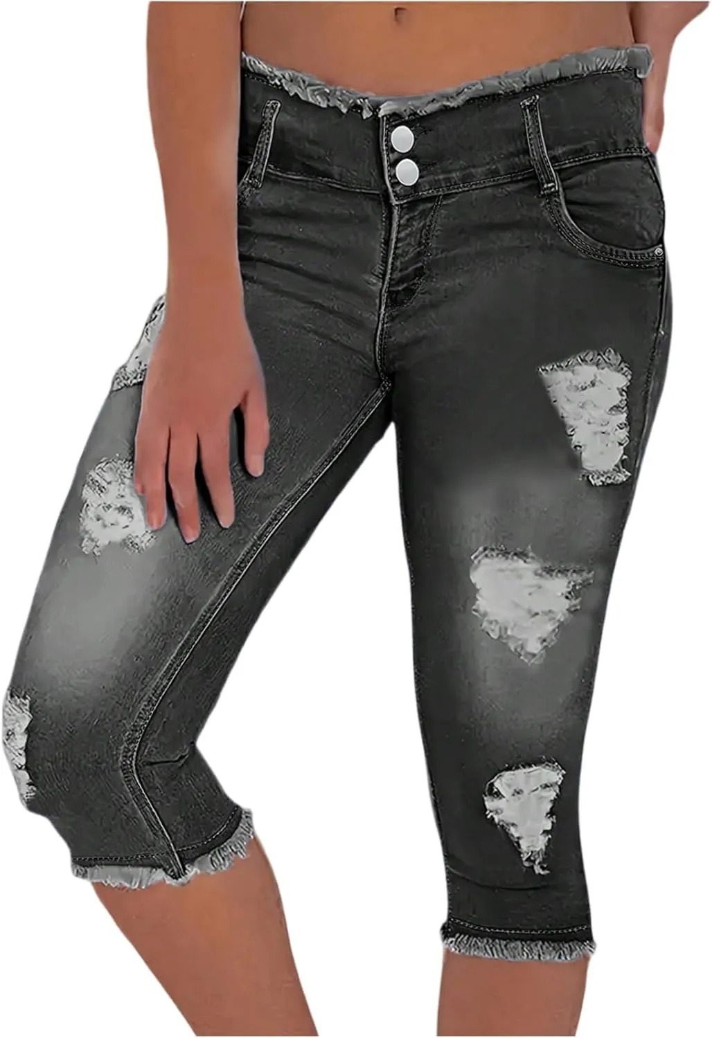 Womens Capris Jeans Low Rise Skinny Ripped Jeans Curvy Slim Fit Butt Lifting Distressed Cropped Denim Pants w/Pockets
