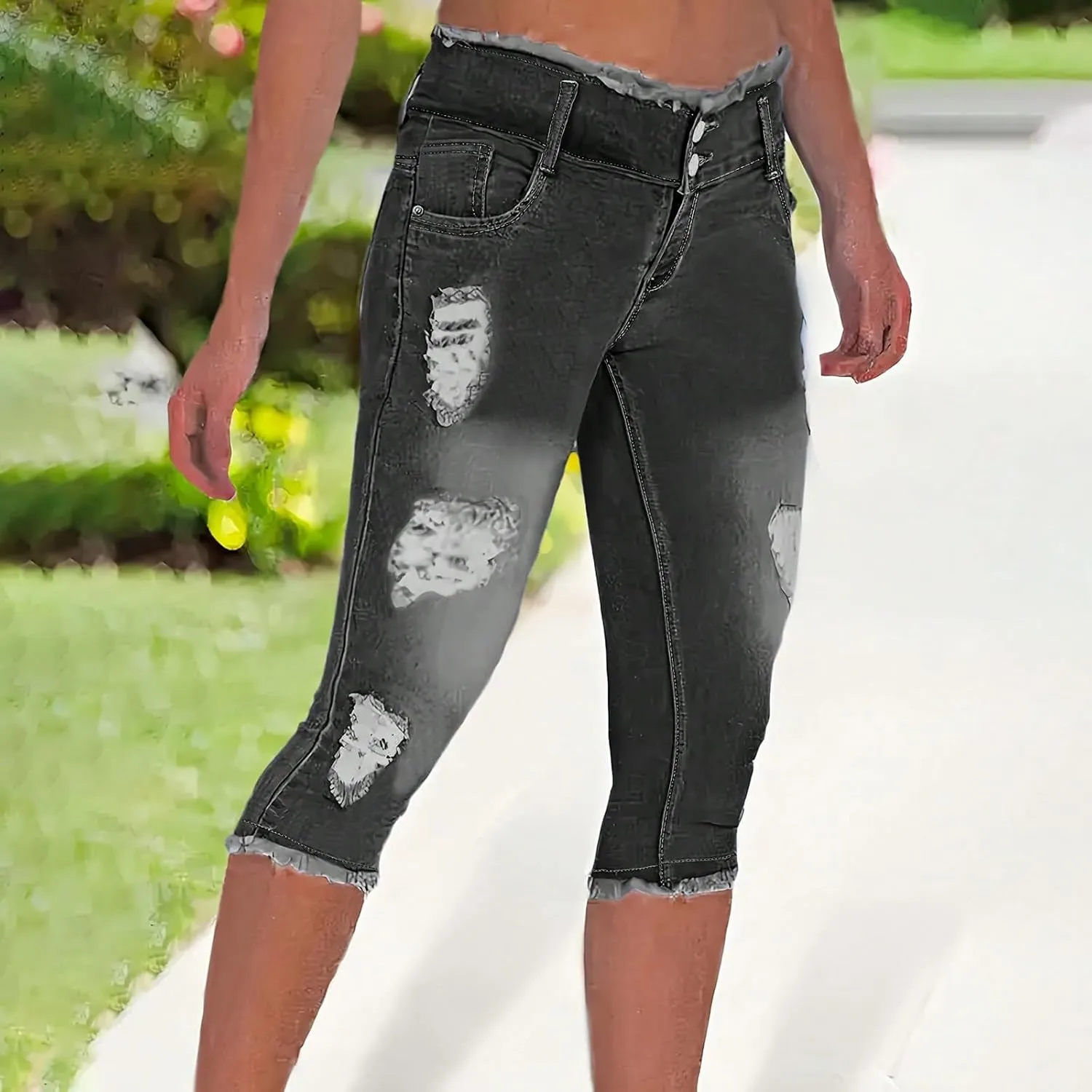 Womens Capris Jeans Low Rise Skinny Ripped Jeans Curvy Slim Fit Butt Lifting Distressed Cropped Denim Pants w/Pockets