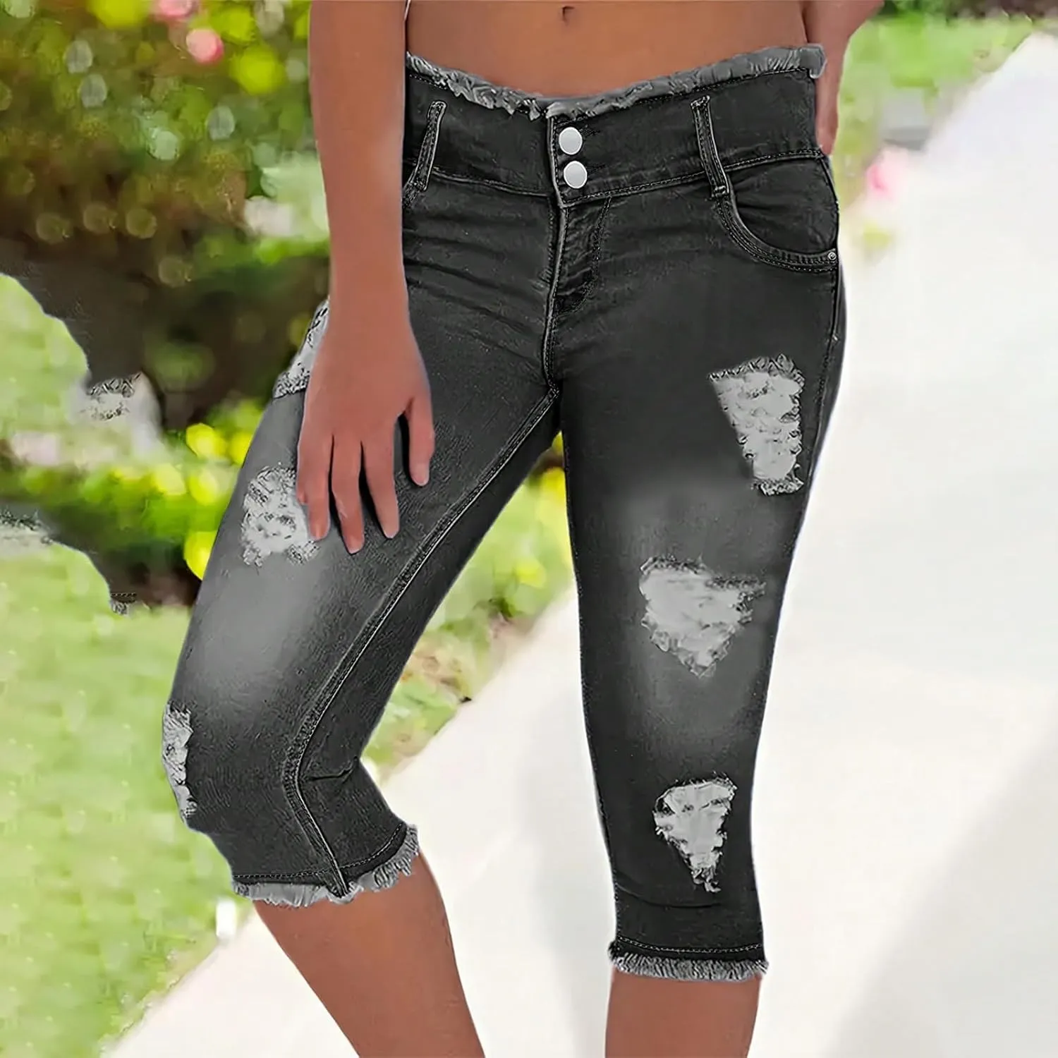 Womens Capris Jeans Low Rise Skinny Ripped Jeans Curvy Slim Fit Butt Lifting Distressed Cropped Denim Pants w/Pockets