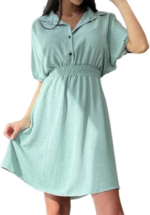 Women's Casual Dresses Cute Preppy V Neck Puff Short Sleeve Empire Waist Short Funeral Dress Baby Shower Outfit for Guest