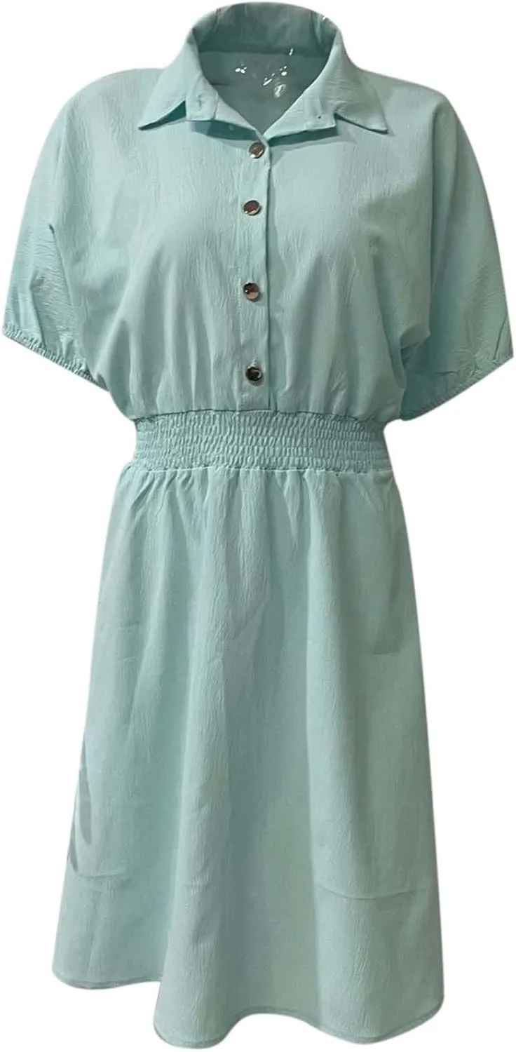 Women's Casual Dresses Cute Preppy V Neck Puff Short Sleeve Empire Waist Short Funeral Dress Baby Shower Outfit for Guest