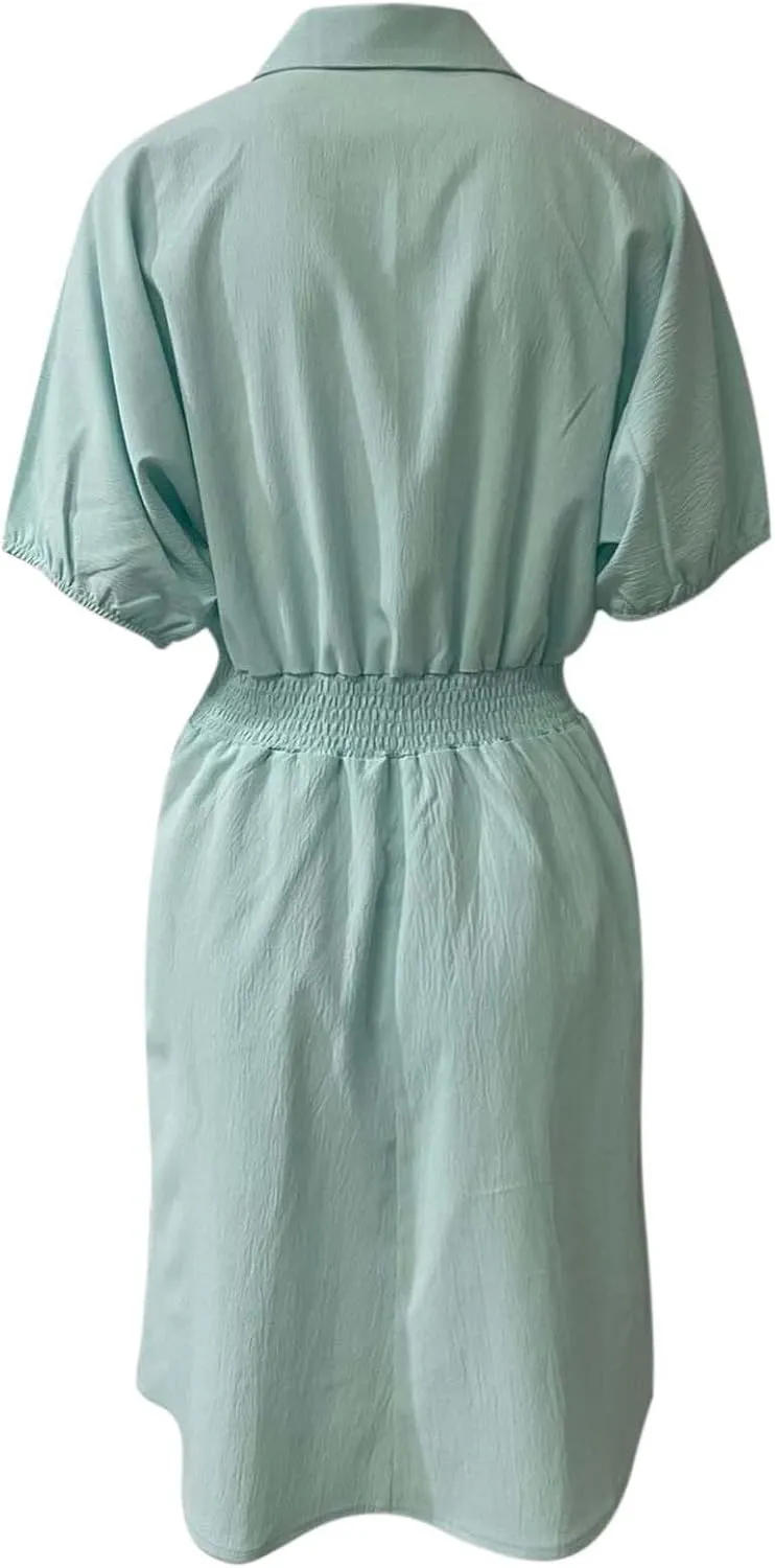 Women's Casual Dresses Cute Preppy V Neck Puff Short Sleeve Empire Waist Short Funeral Dress Baby Shower Outfit for Guest
