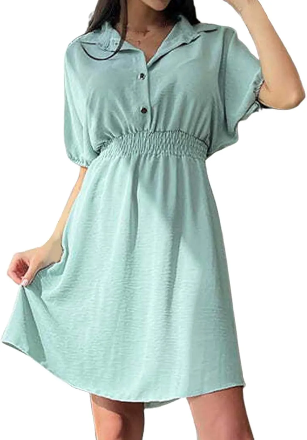 Women's Casual Dresses Cute Preppy V Neck Puff Short Sleeve Empire Waist Short Funeral Dress Baby Shower Outfit for Guest