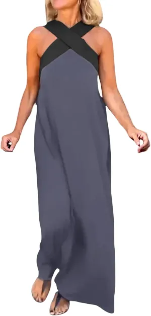 Women's Casual Dresses Flowy Cross Halter Neck Sleeveless Stitching Dress Summer Sexy Backless Vacation Maxi Dress