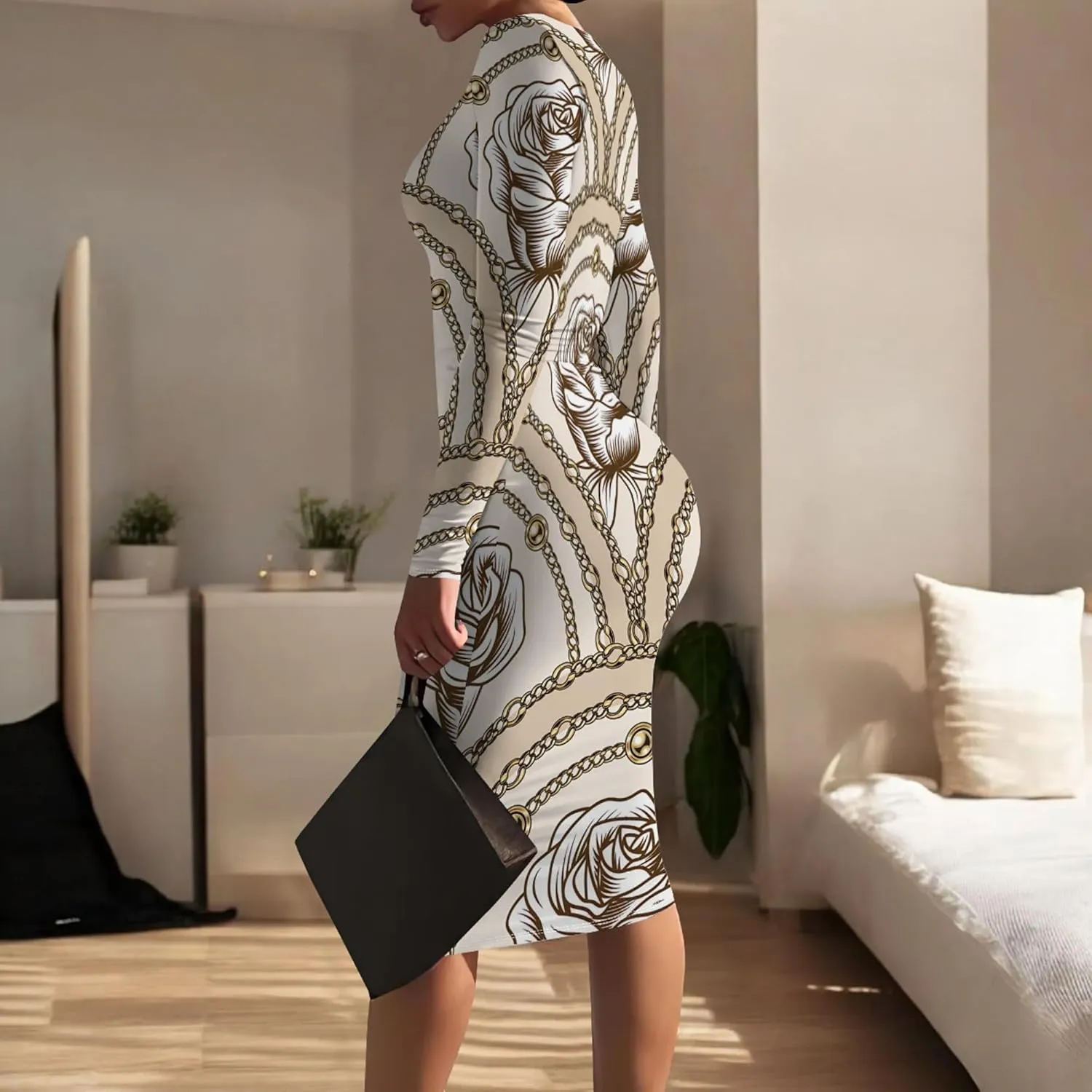 Women's Casual Ruched Basic Pencil Midi Dress Sexy Wedding Guest Crewneck Long Sleeve Bodycon Dress Club wear Party Outfits