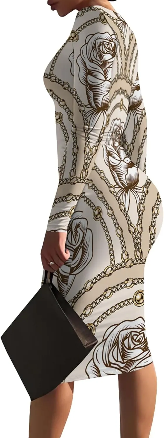 Women's Casual Ruched Basic Pencil Midi Dress Sexy Wedding Guest Crewneck Long Sleeve Bodycon Dress Club wear Party Outfits