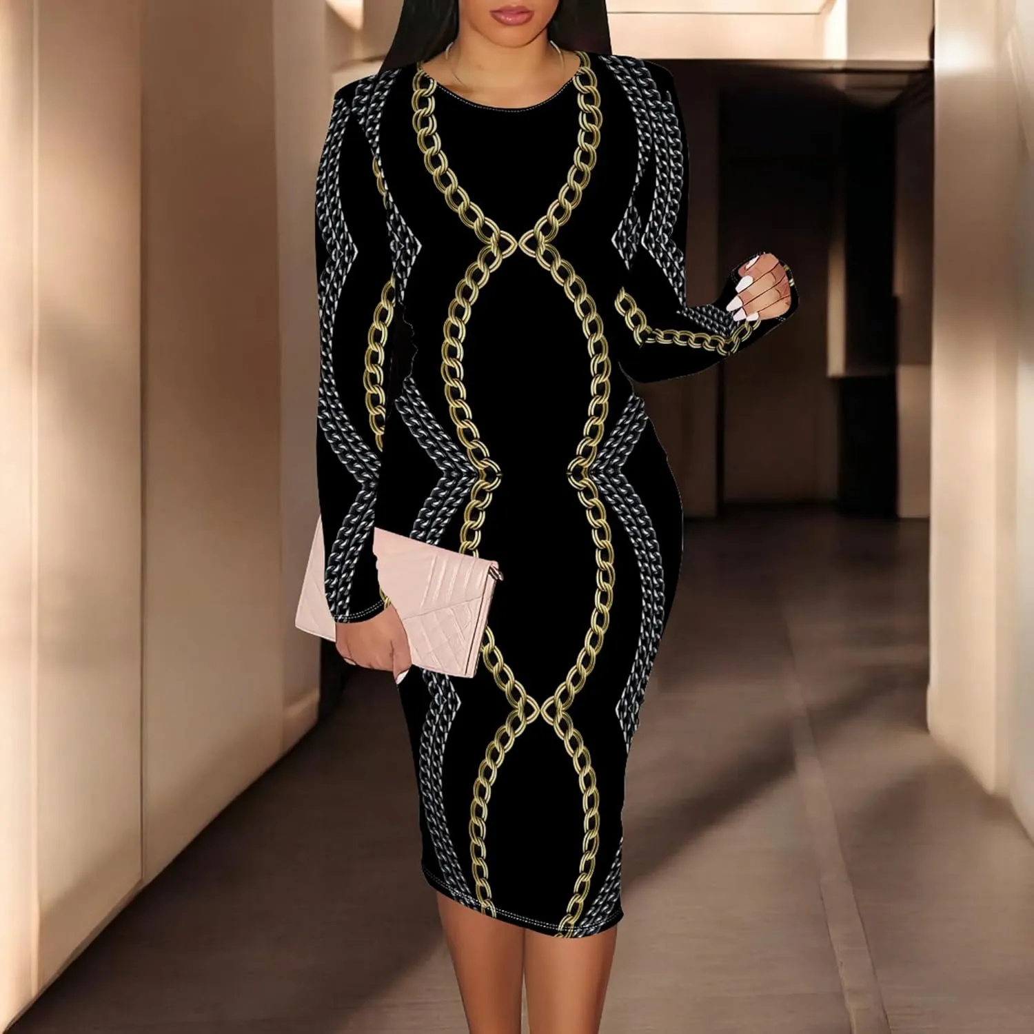 Women's Casual Ruched Basic Pencil Midi Dress Sexy Wedding Guest Crewneck Long Sleeve Bodycon Dress Club wear Party Outfits