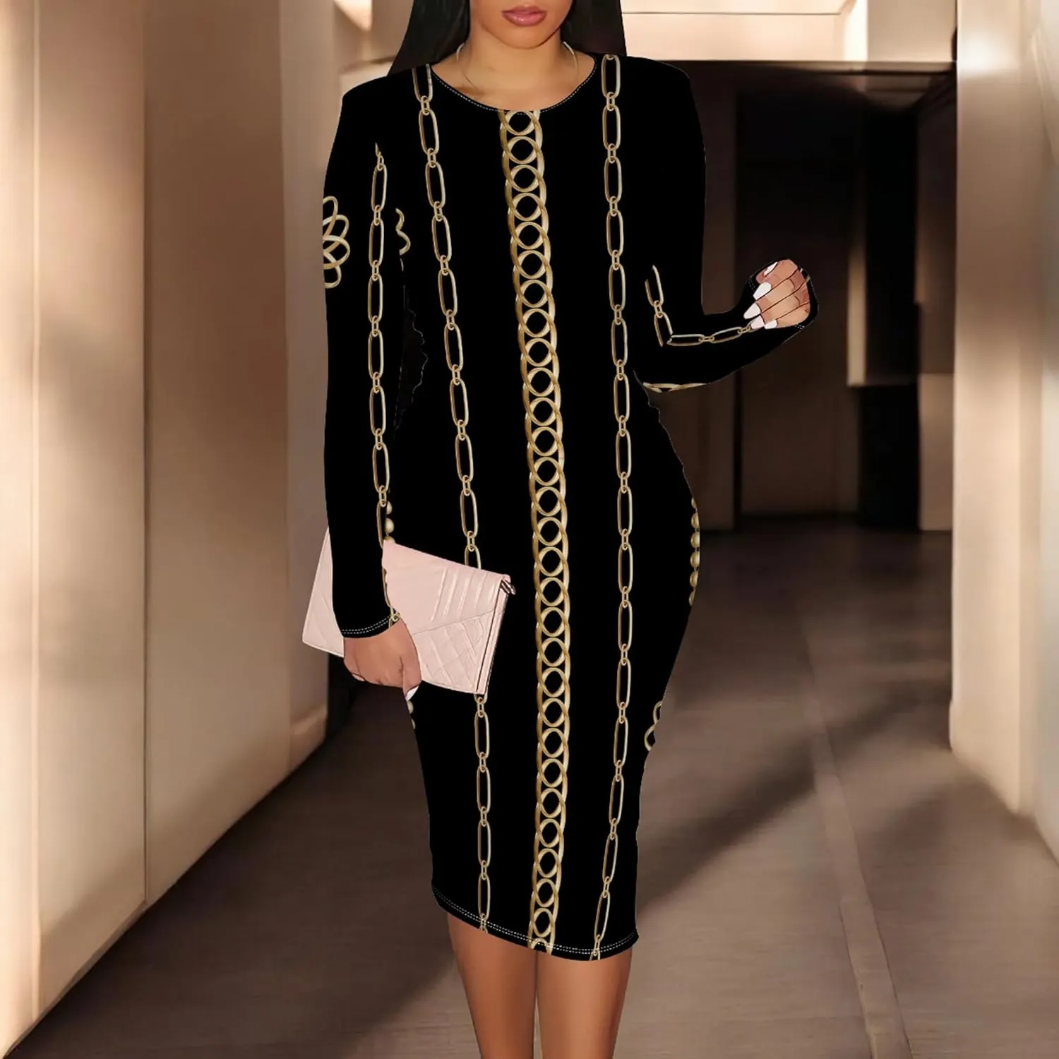 Women's Casual Ruched Basic Pencil Midi Dress Sexy Wedding Guest Crewneck Long Sleeve Bodycon Dress Club wear Party Outfits