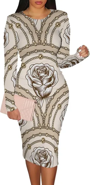 Women's Casual Ruched Basic Pencil Midi Dress Sexy Wedding Guest Crewneck Long Sleeve Bodycon Dress Club wear Party Outfits