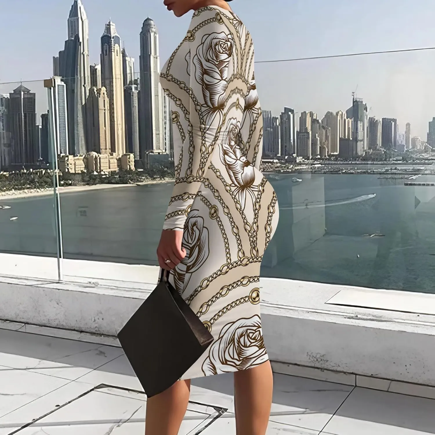 Women's Casual Ruched Basic Pencil Midi Dress Sexy Wedding Guest Crewneck Long Sleeve Bodycon Dress Club wear Party Outfits