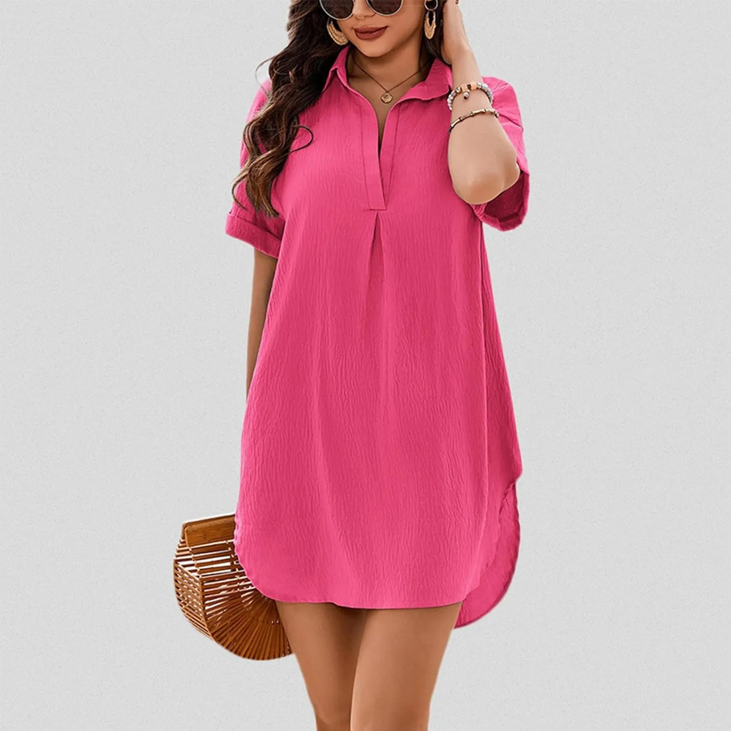 Women's Casual Shift Dresses Summer V Neck Short Sleeve Side Cut Out Mini Dress Fashion Beach Coverups for Women 2025