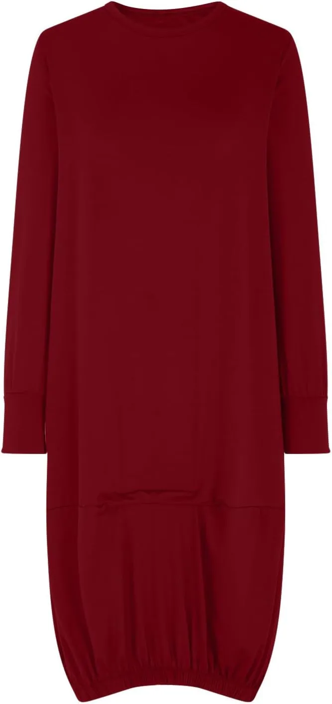 Women's Casual Solid Color Simple Dresses Long Sleeve Scoop Neck T-Shirt Dress Loose Elastic Hem Shift Midi Dresses