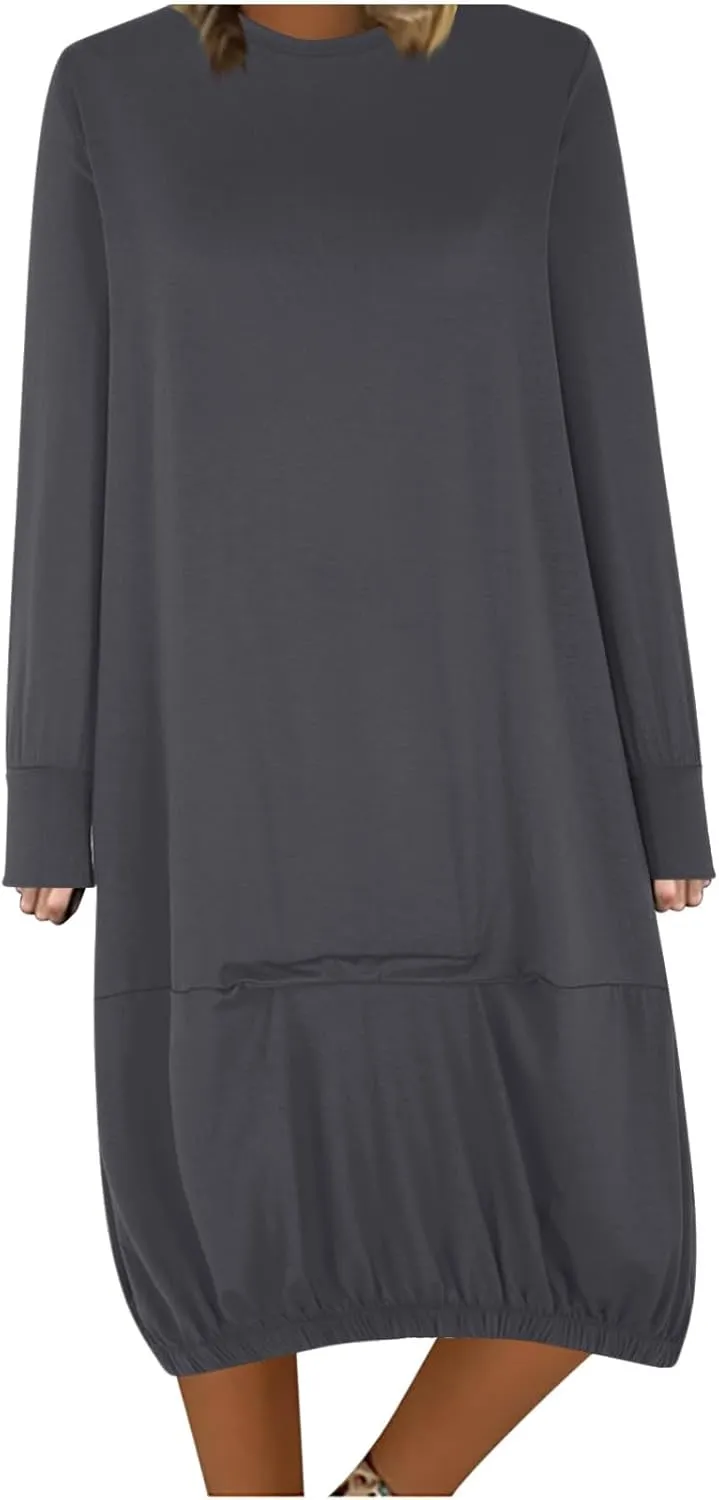 Women's Casual Solid Color Simple Dresses Long Sleeve Scoop Neck T-Shirt Dress Loose Elastic Hem Shift Midi Dresses