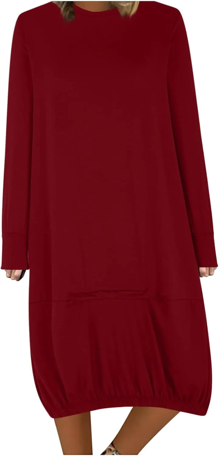 Women's Casual Solid Color Simple Dresses Long Sleeve Scoop Neck T-Shirt Dress Loose Elastic Hem Shift Midi Dresses
