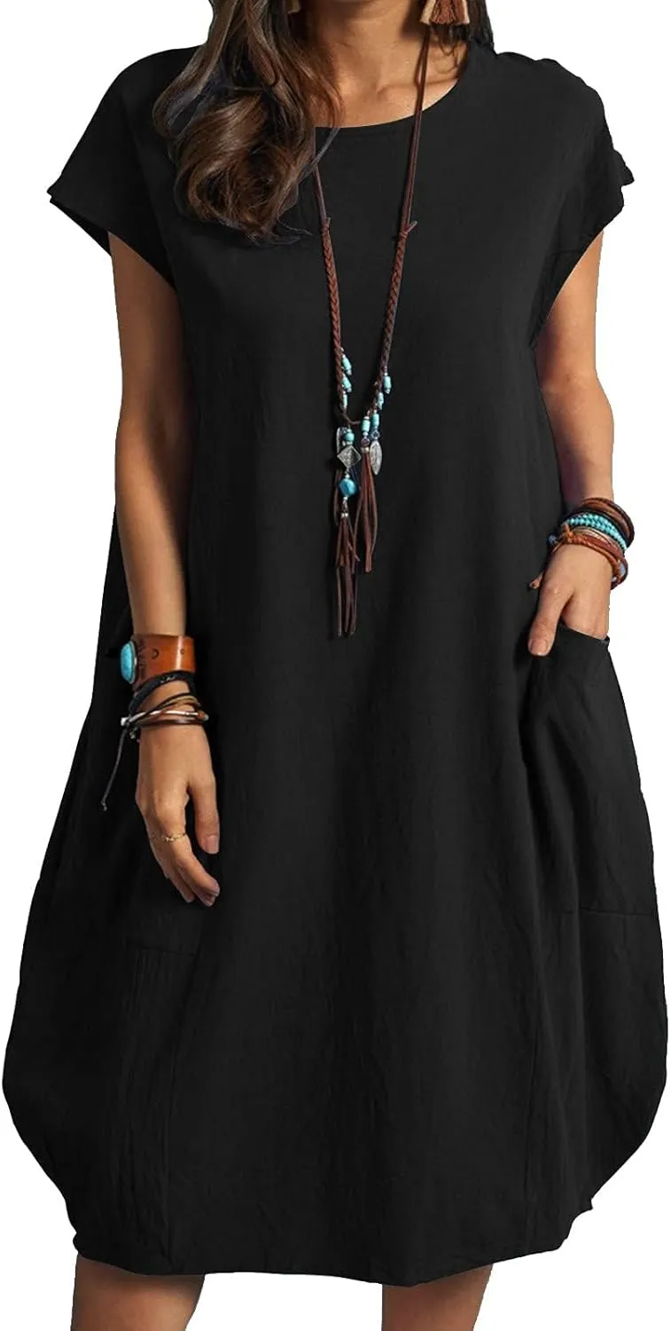 Women's Casual T Shirt Dress Comfy Linen Mini Dresses Short Sleeve Crewneck T-Shirt Dress Trendy Loose Fit Dresses