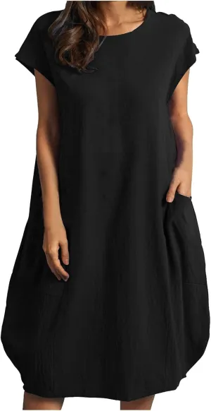 Women's Casual T Shirt Dress Comfy Linen Mini Dresses Short Sleeve Crewneck T-Shirt Dress Trendy Loose Fit Dresses
