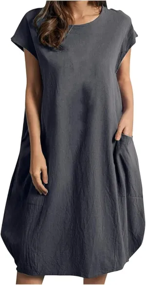 Women's Casual T Shirt Dress Comfy Linen Mini Dresses Short Sleeve Crewneck T-Shirt Dress Trendy Loose Fit Dresses
