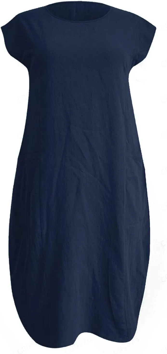 Women's Casual T Shirt Dress Comfy Linen Mini Dresses Short Sleeve Crewneck T-Shirt Dress Trendy Loose Fit Dresses