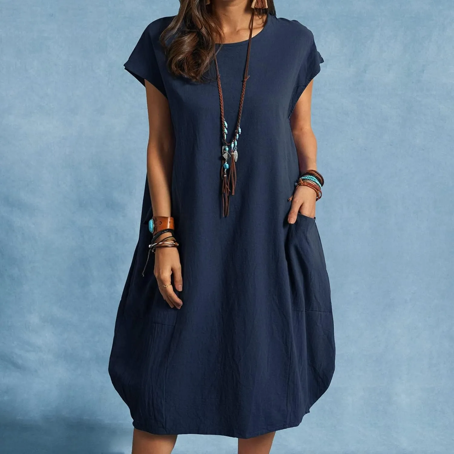 Women's Casual T Shirt Dress Comfy Linen Mini Dresses Short Sleeve Crewneck T-Shirt Dress Trendy Loose Fit Dresses