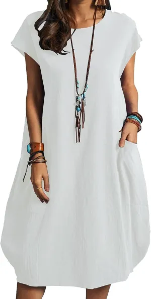 Women's Casual T Shirt Dress Comfy Linen Mini Dresses Short Sleeve Crewneck T-Shirt Dress Trendy Loose Fit Dresses