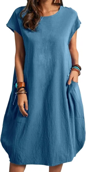 Women's Casual T Shirt Dress Comfy Linen Mini Dresses Short Sleeve Crewneck T-Shirt Dress Trendy Loose Fit Dresses