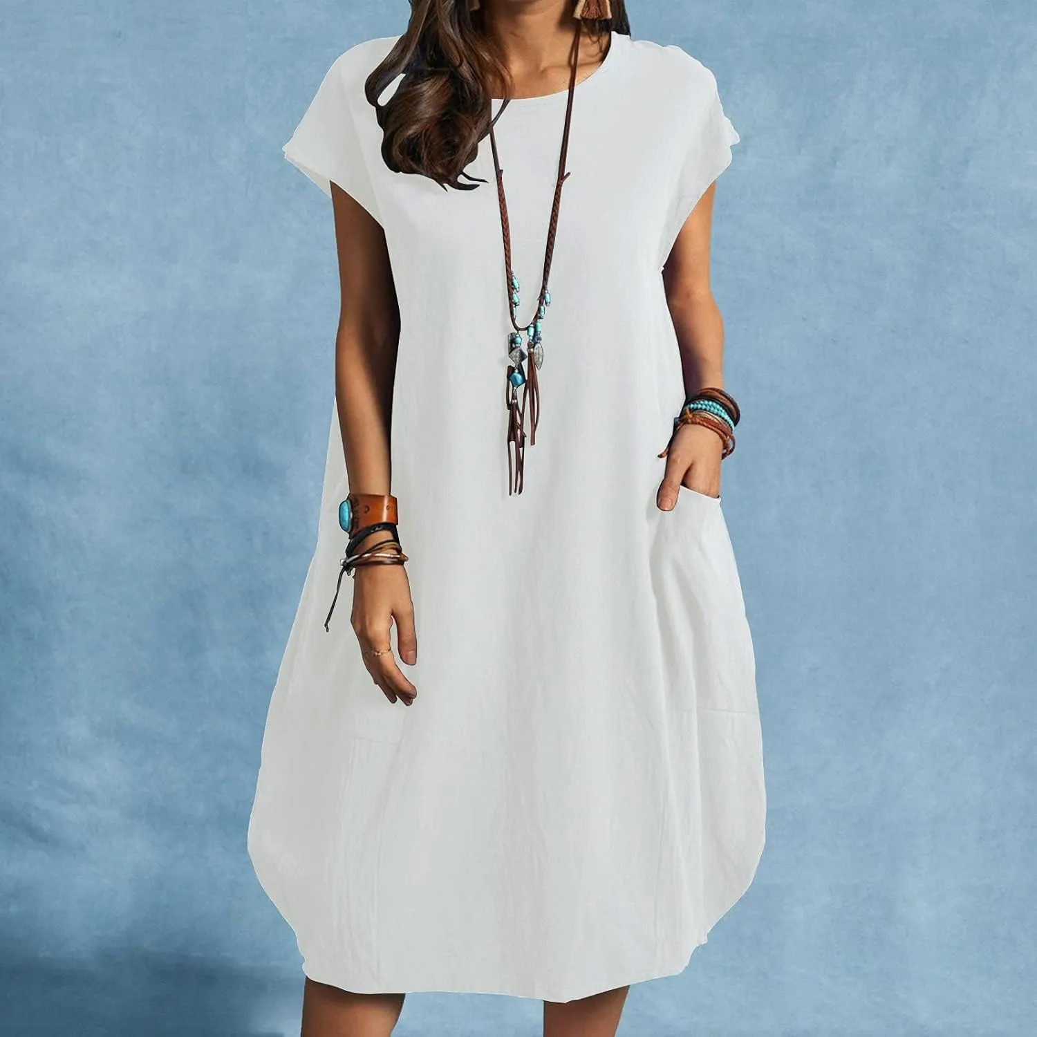 Women's Casual T Shirt Dress Comfy Linen Mini Dresses Short Sleeve Crewneck T-Shirt Dress Trendy Loose Fit Dresses
