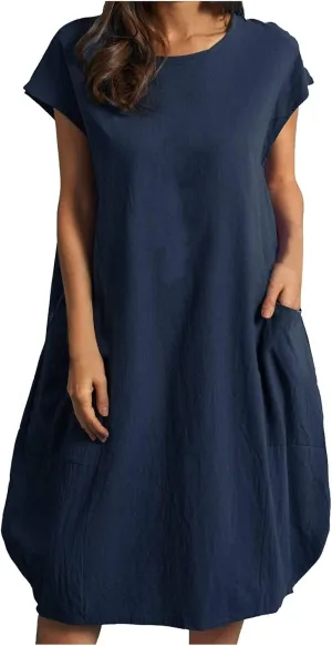Women's Casual T Shirt Dress Comfy Linen Mini Dresses Short Sleeve Crewneck T-Shirt Dress Trendy Loose Fit Dresses