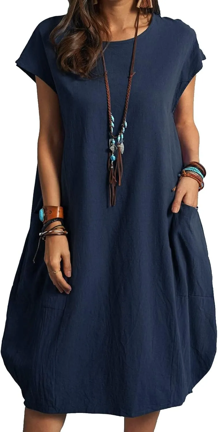 Women's Casual T Shirt Dress Comfy Linen Mini Dresses Short Sleeve Crewneck T-Shirt Dress Trendy Loose Fit Dresses