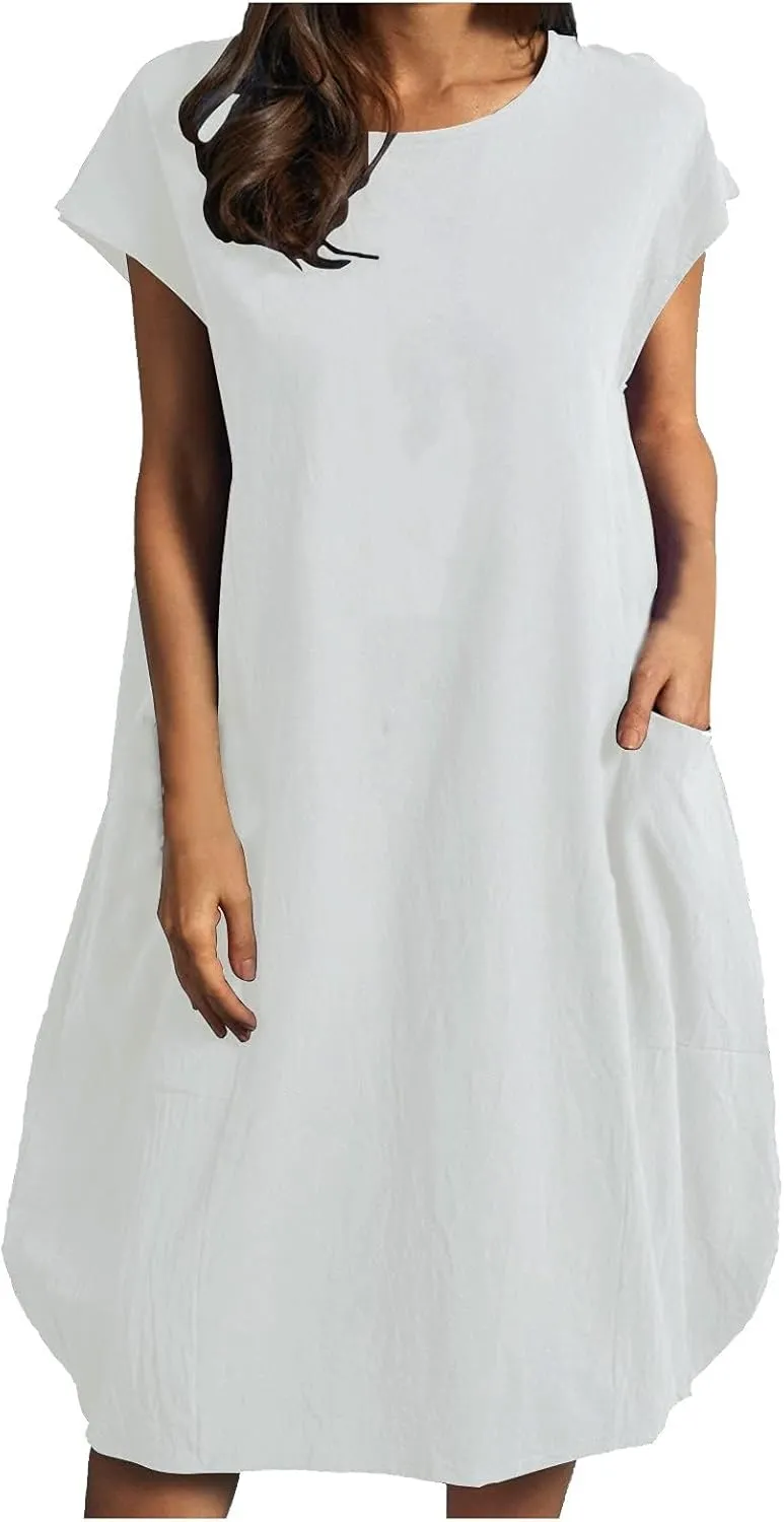 Women's Casual T Shirt Dress Comfy Linen Mini Dresses Short Sleeve Crewneck T-Shirt Dress Trendy Loose Fit Dresses