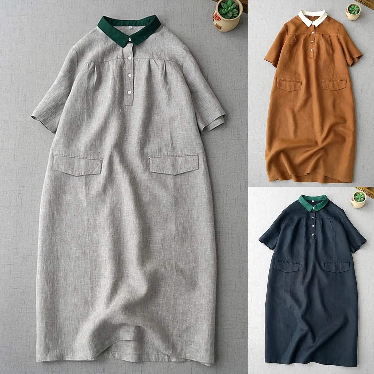 Women's Contrast Collar Linen Shirt 2025 Casual Short Sleeve Button Down Beach Cover up Summer Vacation T-Shirt Dresses
