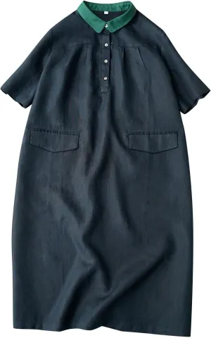 Women's Contrast Collar Linen Shirt 2025 Casual Short Sleeve Button Down Beach Cover up Summer Vacation T-Shirt Dresses