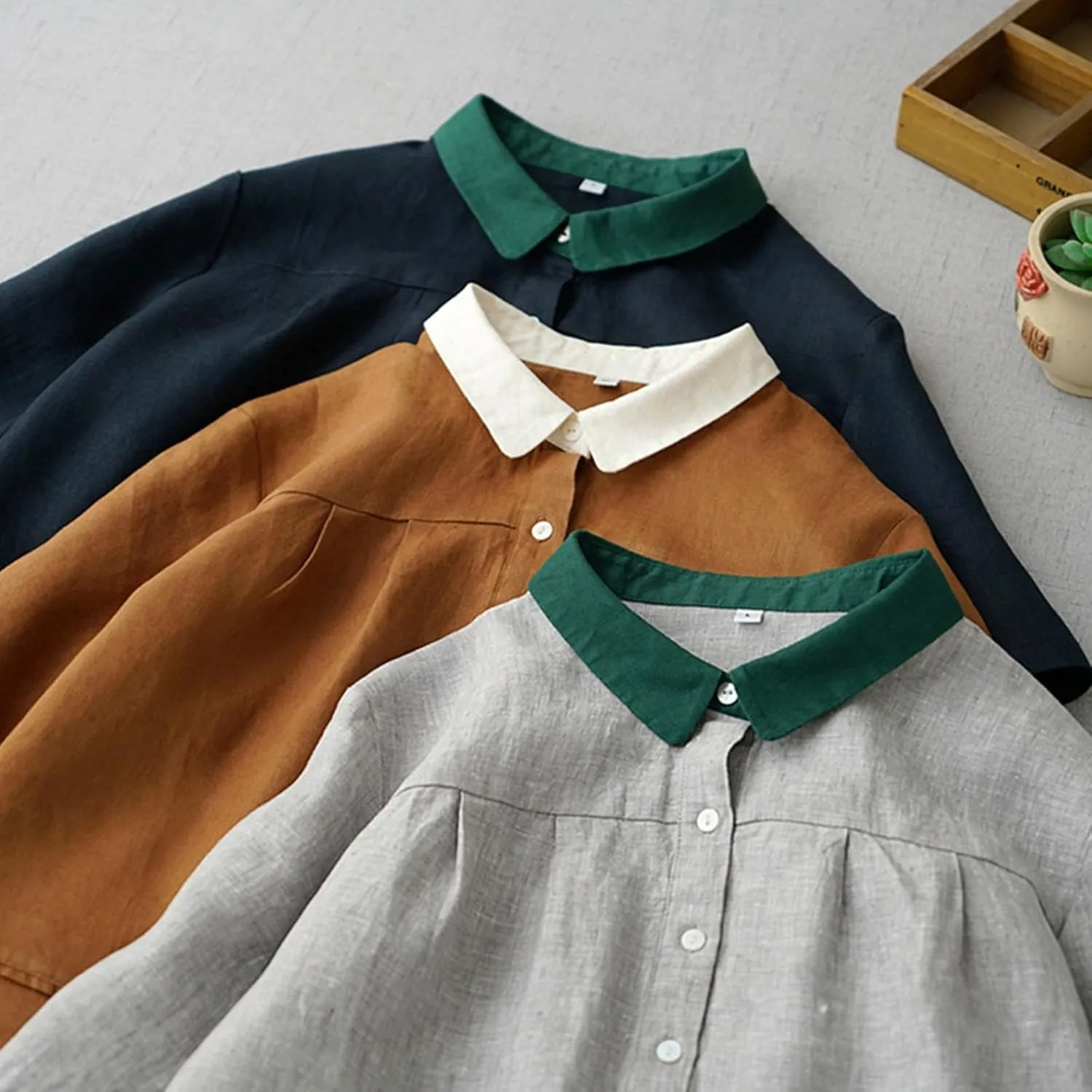 Women's Contrast Collar Linen Shirt 2025 Casual Short Sleeve Button Down Beach Cover up Summer Vacation T-Shirt Dresses