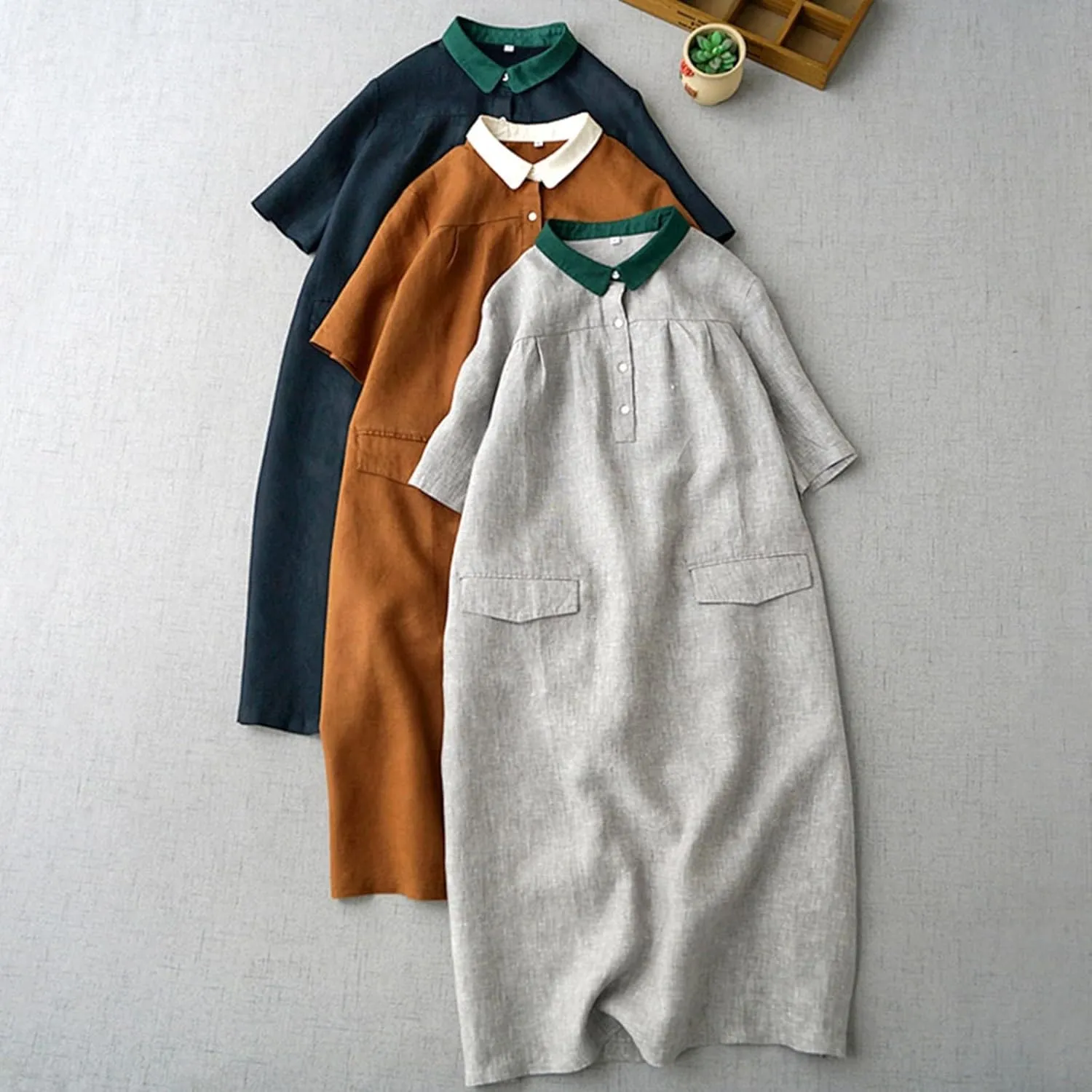 Women's Contrast Collar Linen Shirt 2025 Casual Short Sleeve Button Down Beach Cover up Summer Vacation T-Shirt Dresses