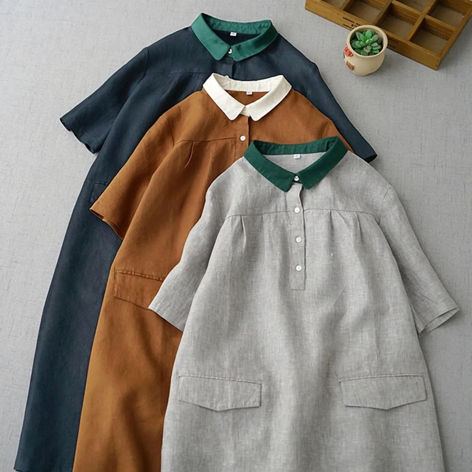 Women's Contrast Collar Linen Shirt 2025 Casual Short Sleeve Button Down Beach Cover up Summer Vacation T-Shirt Dresses