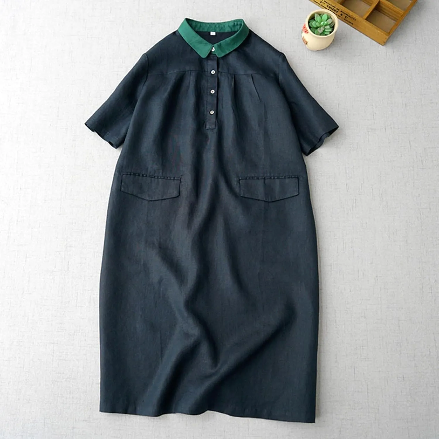 Women's Contrast Collar Linen Shirt 2025 Casual Short Sleeve Button Down Beach Cover up Summer Vacation T-Shirt Dresses