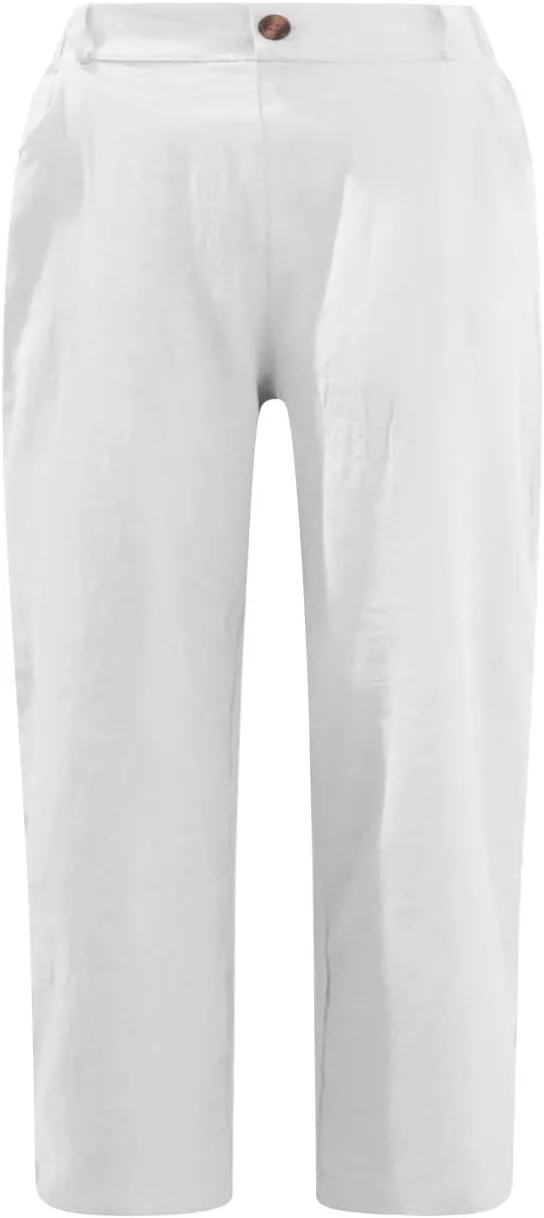 Women's Cotton Linen Capris Pants Casual Summer Elastic Waist Capri Pant Comfy Lounge Cropped Trousers Beach Clothes