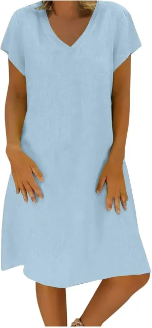Women's Cotton Linen Dresses Summer Cup Sleeve Comfy Travel Sundresses Beach Wear Trendy Spring Vacation Clothes 2025