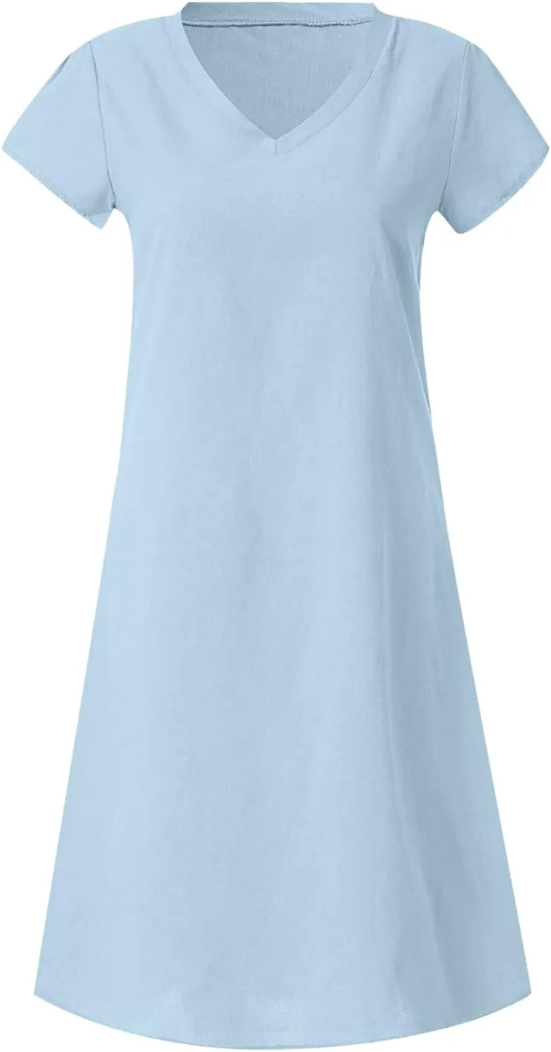 Women's Cotton Linen Dresses Summer Cup Sleeve Comfy Travel Sundresses Beach Wear Trendy Spring Vacation Clothes 2025